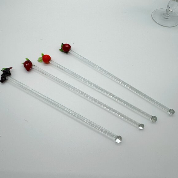 Set 4 Swizzle Sticks Handblown Glass Fruits Collectible Barware Drinks Cocktails - Picture 4 of 7